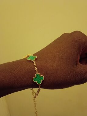 Gold Bracelet with Green Four-Leaf Motifs - Women Jewelry